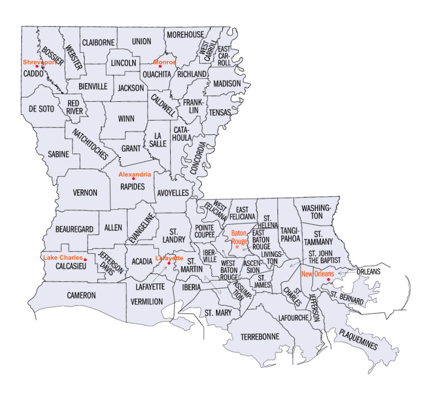 Map showing the 64 Parishes in Louisiana and major cities Map showing the 64 Parishes in Louisiana and major cities