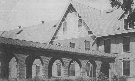 Covered arcade from the women's residence hall to the Women's Gymnasium at Louisiana Polytechnic Institute in Ruston