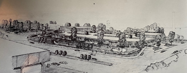 Architect's drawing of the proposed new Educational Complex at Louisiana Polytechnic Institute in Ruston, Louisiana (circa 1969). 