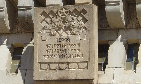 Detail of intricate stone carvings on the Shreveport Municipal Auditoriun