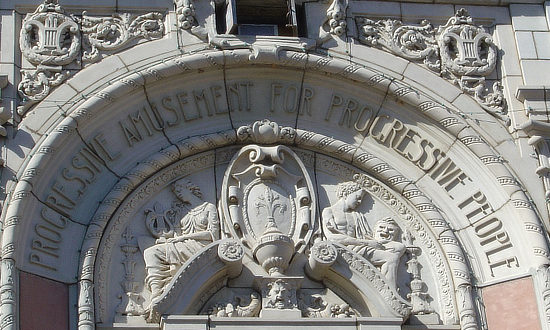 Exterior view of the intricate stone work on the Strand Theatre in Shreveport, Louisiana ... Progressive Amusement for Progressive People